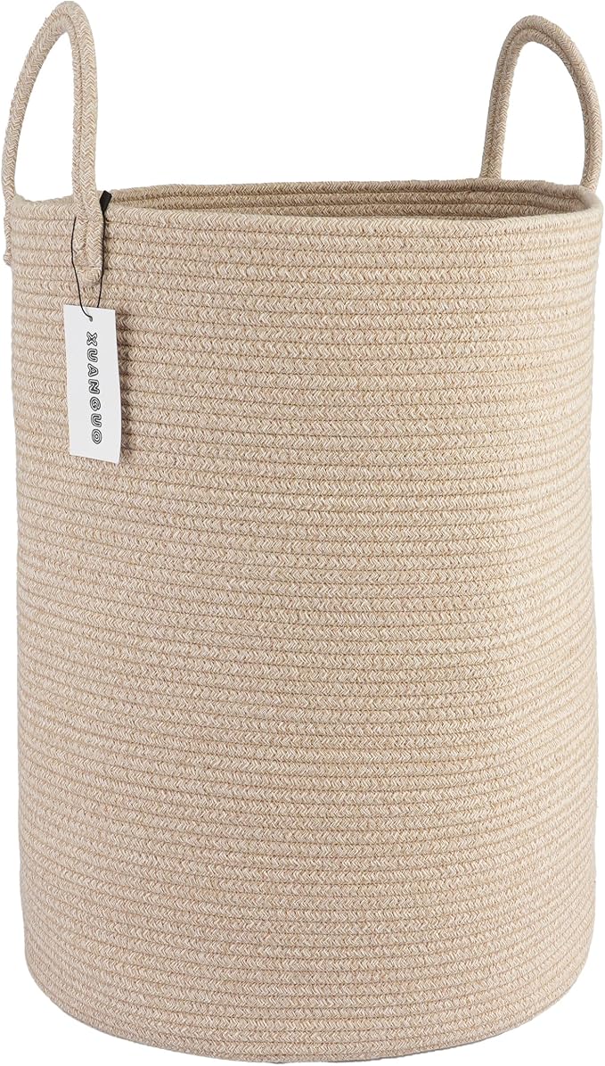 XUANGUO Cotton Rope Laundry Basket Hamper for Clothes Large Oatmeal | Baby Nursery Hamper Bin and Woven Storage Basket for Living Room Bedroom Boho Tall Rope Baskets Blankets Toys Pillows Towels