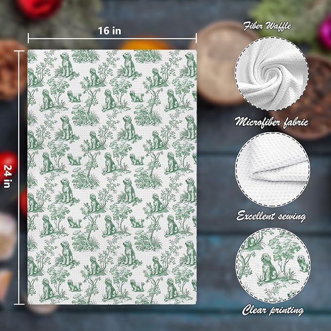 Chinoiserie Golden Doodle Kitchen Towels, Golden Doodle Gifts Hand Towels for Kitchen Bathroom Decor, Sage Green Botanical Grandmillennial Dog Decorative Dish Tea Towels, 16x24 Inch