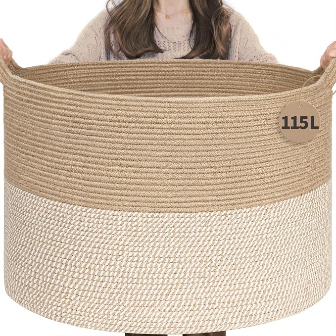 INDRESSME 115L Extra Large Woven Wicker Blanket Basket Living Room | Wicker baskets for organizing laundry, towel toys pillows. For living room bedroom or nursery decor. soft-touch with handles