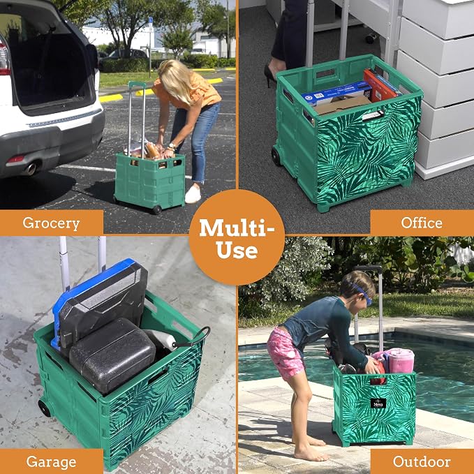 Inspired Living Ultra-Slim Rolling Collapsible Storage Pack-N-Roll Utility-carts, with Telescopic Handle, for Home, Garden, Shopping, Office, School use, Large, Motif Print