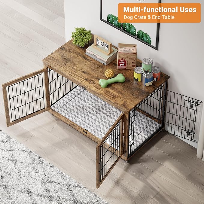 44'' Decorative Large Dog Crates Furniture w/Cushion & Wheels Wood Kennel | Rustic Brown, Double Doors, Wooden Dog Cage, Chew-Resistant, End Table, Decorative, 27"/32"/38"/44" Options, Indoor