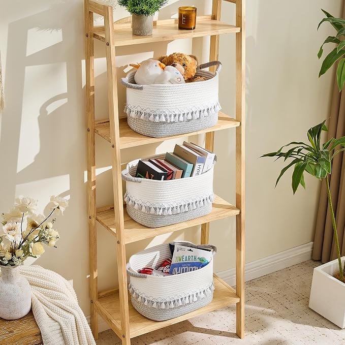 Storage Basket, Woven Baskets for Shelves, Gray | 3 Pack Boho Cotton Rope Storage Baskets, 14" x 9" x 8", Home Organizer for Nursery, Holds Toys, Books & Towels