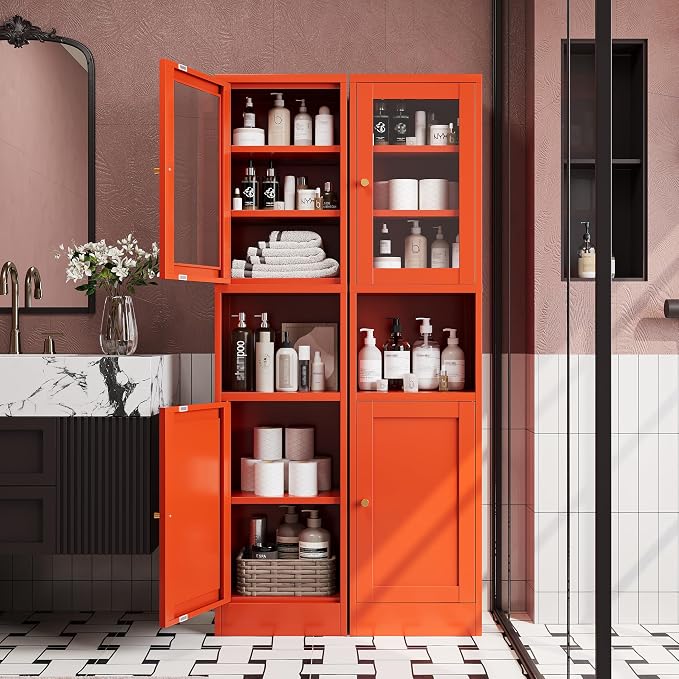 67"H Tall Narrow Bathroom Storage Cabinet, Metal Cabinet, Orange Floor Cabinet,Skinny Storage Cabinets with 4 Adjustable Shelves,Slim Tall Floor Cabinet,Thin Bathroom Storage Cabinet for Living Room