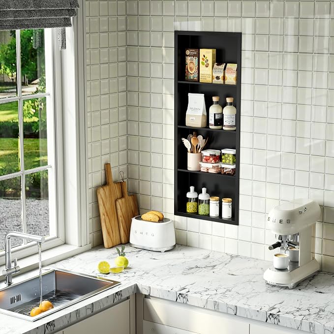 Qeke 14x 36 Medicine Cabinet Recessed with 4-Tiers Shelves, Matte Black | 304 Stainless Steel Medicine Cabinet without Mirror, No Tile Needed Wall Niche for Bathroom Storage, Space Saving & Durable
