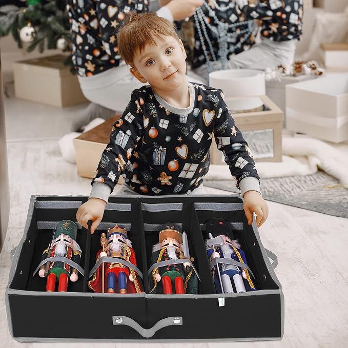 2 Pack Christmas Figures Storage Box | Each Holds 4 Holiday Figurines up to 16” | Adjustable Nutcracker Decor Ornament Storage Container | Xmas Decorations Accessories Boxes (Black)