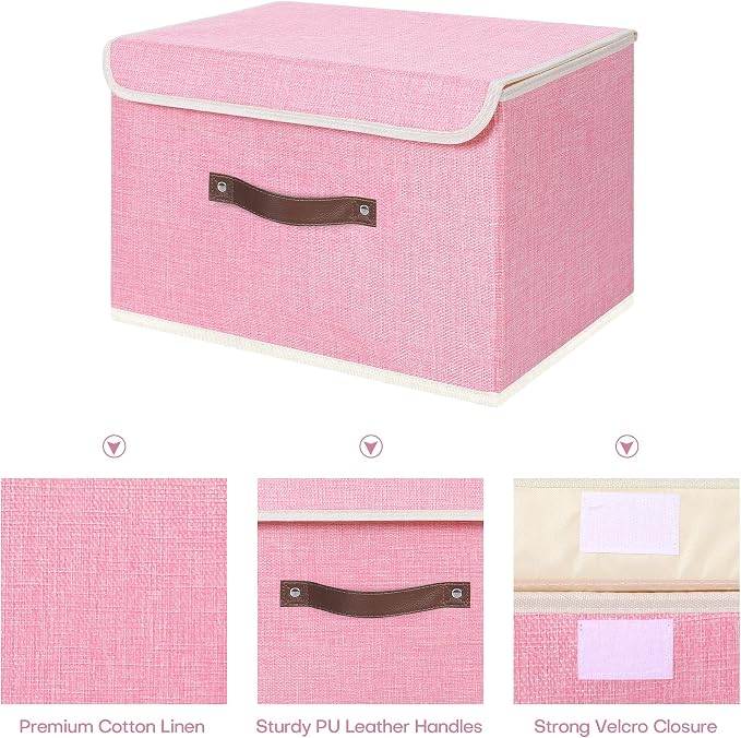 ANMINY Fabric Storage Box Bins with Lids, Pink, 15"x10"x10" | Keepsake Memory Storage, Cotton Linen, PP Board Reinforced, Washable, PU Handles, Foldable & Stackable, Decorative, Large