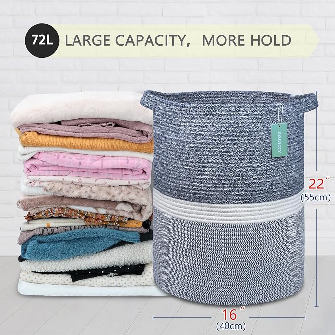 Cotton Rope Blanket Basket, 72L Laundry Hamper, Navy Blue &White