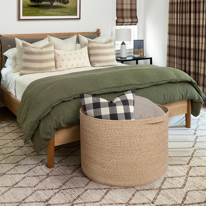 115L Extra Large Storage Basket, 23.6"x15.7" Woven Cotton Rope Basket, Giant Kids Dog Toy Bin, XXXL Boho Blanket Pillow Holder for Living Room, Brown Variegated Woven Baskets for Organizing