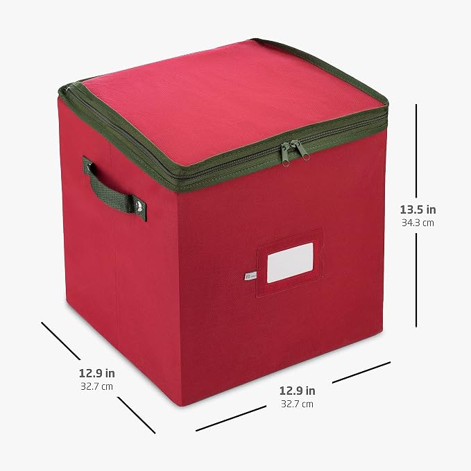ZOBER Christmas Ornament Storage Box - Stores 64 3" Ornaments, With Dividers - Ornament Organizer Storage Box, Durable Christmas Containers Holder, Dual Zipper - Red
