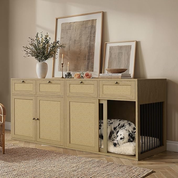 PureCozy 2-Piece Dog Crate Furniture, Right, 80 Inch, Light Oak | Right-unit kennel with metal sliding door plus cane storage cabinet and 4 total drawers; furniture-style indoor console.