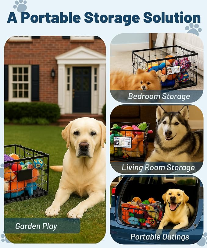 Dog Toy Basket, Dog Toy Storage Bin for Pet, Medium Toy Box for Dogs, Metal Storage Box with Handles, Toy Organizer Holder Boxes for Living Room (Black)