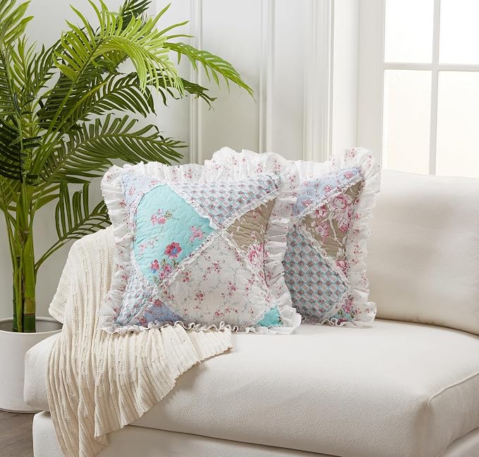 Brilliant Sunshine Blue & Green Roses Ruffle Pillowshams Set, 18"x18" | Patchwork Design with Ruffles, Quilted Pillow Covers, Washable Throw Cushion Cases for Couchs and Beds, Pack of 2
