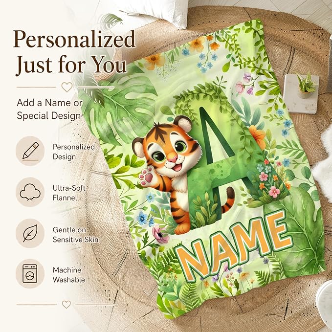 Custom Blanket for Girls Boys with Monogram, Personalized Kids Tiger Throws | Easy Care, Lightweight Throw, Fluffy Flannel Blanket, Soft Touch, Kids Gift