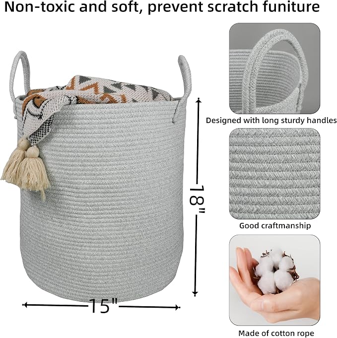 XUANGUO Cotton Rope Laundry Basket Hamper for Clothes Large Light Grey | Baby Nursery Hamper Bin and Woven Storage Basket for Living Room Bedroom Boho Tall Rope Baskets Blankets Toys Pillows Towels