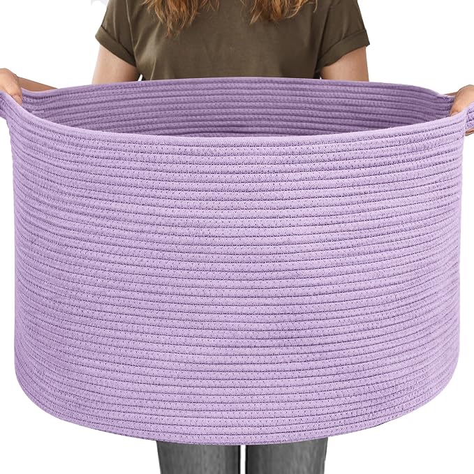 115L Extra Large Purple Storage Basket, 23.6" X 15.7" Jumbo Woven Cotton Rope Bin for Throw Blankets Pillows, Baby Laundry Basket, Dirty Clothes Organizer, Big Storage Box for Toys, Towels
