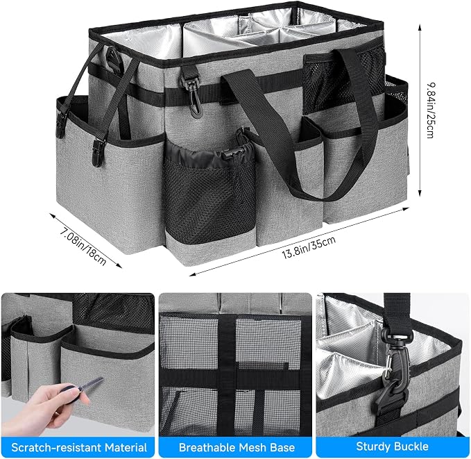 Cleaning Caddy Bag, Cleaning Supplies Organizer for Housekeepers, Housekeeping Caddy with Handle and Detachable Padded Cushion, Gray