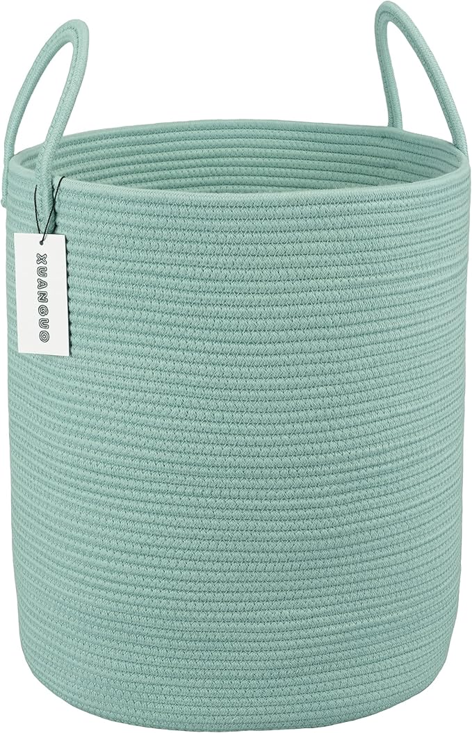 XUANGUO Cotton Rope Laundry Basket Hamper for Clothes Large Light Green | Baby Nursery Hamper Bin and Woven Storage Basket for Living Room Bedroom Boho Tall Rope Baskets Blankets Toys Pillows Towels
