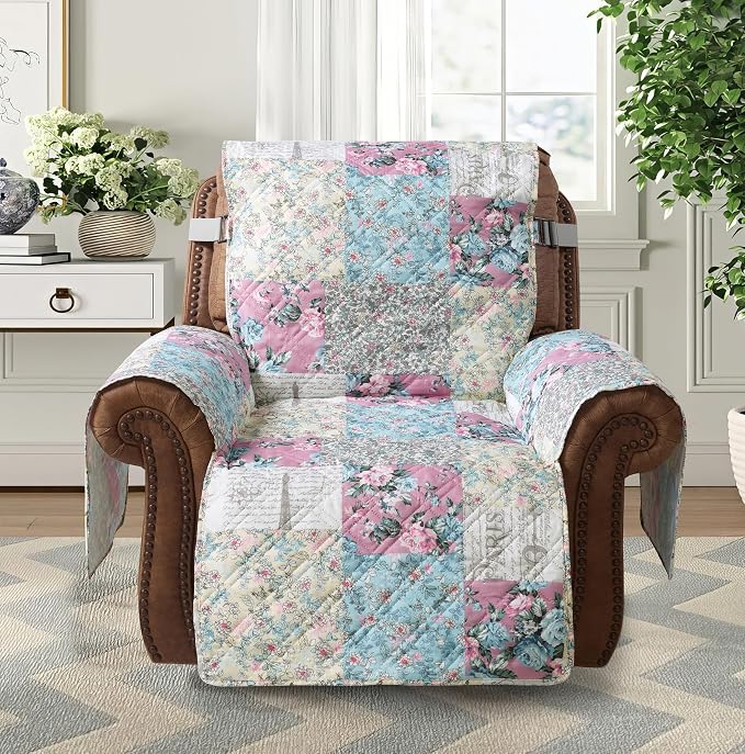 Brilliant Sunshine Lilac Rose & Egg Blue Toile Recliner Cover, 26" seat | Quilted Sofa Cover, Living Room & Bedroom Furniture Protector, Washable Reclining Chair Slipcover for Pets, Dogs & Cats