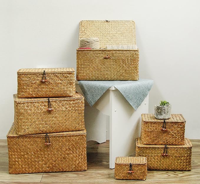 FEILANDUO Wicker Shelf Basket with Lids, Seagrass Storage Baskets Bins Rectangular Woven Baskets Boxes for Organizing Multipurpose Container Boho Home Decor Large Set of 3
