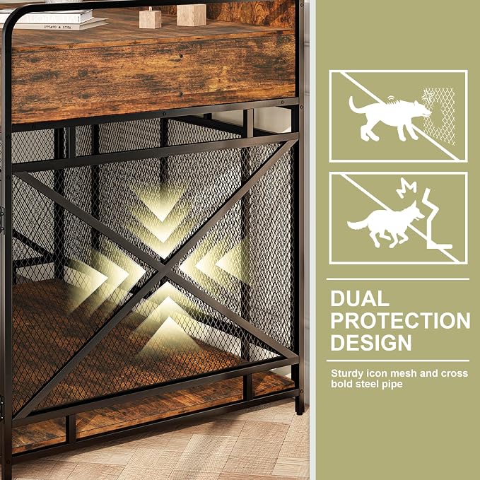Fulhope Dog Crate Furniture, 48" Heavy Duty Wooden Dog Crate End Table, XL Dog Kennel Furniture Large Breed, Decorative Dog Kennel Indoor with 3 Drawers & Steel Tubes 48" L x28 W x38 H (Rustic Brown)