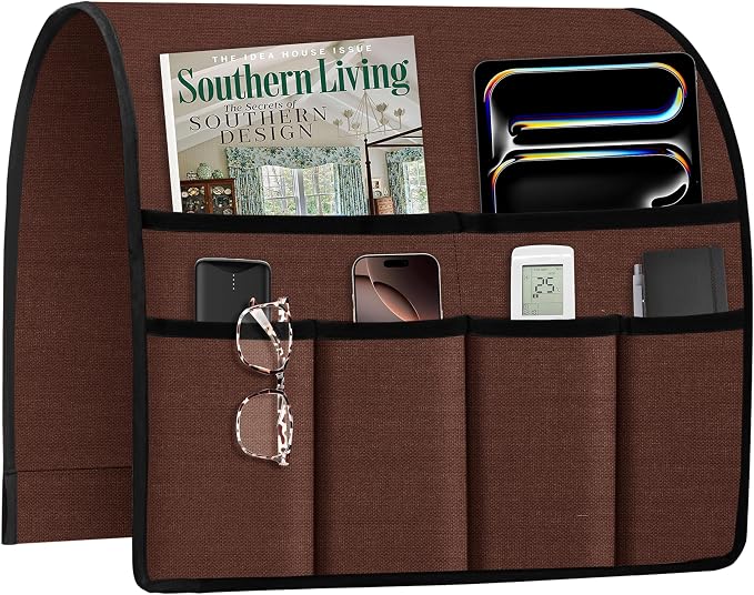 Joywell Armrest Organizer Remote Holder for Recliner Armchair Caddy Couch Sofa Arm Chair Caddie with 6 Pocket Storage for Magazine, iPad, Phone,Rustic Brown