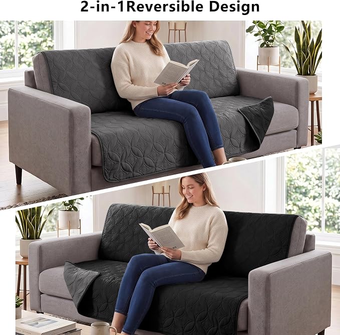 Waterproof Couch Cover for Dogs - Washable Pets Furniture Protector | TPU Leak-Proof Liner, Lightweight & Reversible, Fits Chair, Sofa, Bed, 52" x 82" , Black/Darkgrey