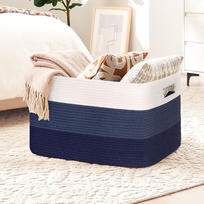 45L Small Woven Laundry Basket Hamper with Handles, Gradient Blue | collapsible wicker hamper, storage for dirty clothes, toys, blankets, gifts, living room, bedroom, bathroom, 18"x14"x11"