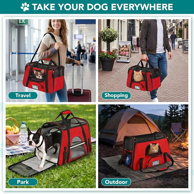PetAmi Airline Approved Pet Carrier for Cats & Small Dogs, Small, Red | Soft Sided TSA Travel Bag, Sherpa Bed, Breathable Mesh Ventilation, Collapsible Bowl, Fits Under Seat, Up to 18 lbs