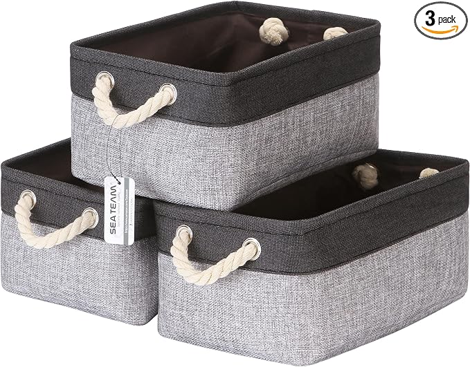 Sea Team Compact Rectangle Canvas Open-Top Storage Baskets, 3-Pack | Collapsible Fabric Storage Bins with Handles, Closet Shelf Organizers, 12 x 8 x 5 Inches, Gray & Black