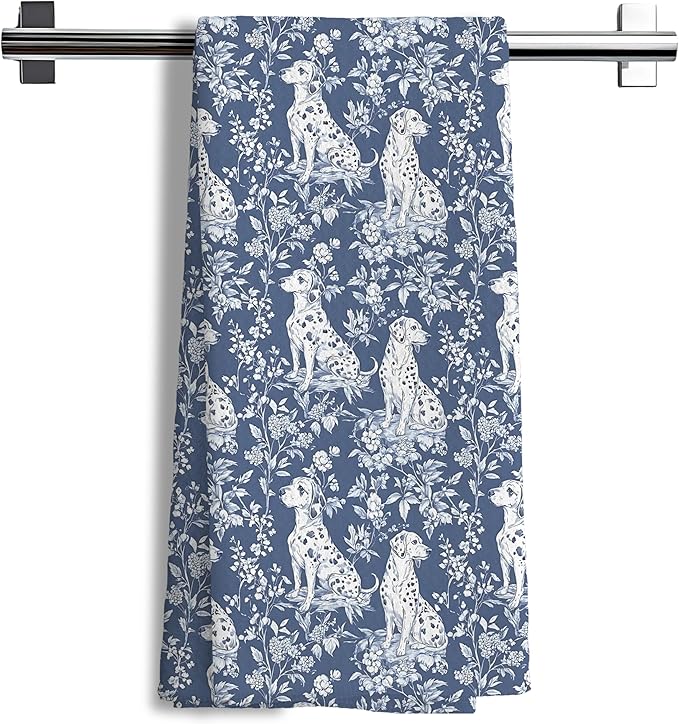 Chinoiserie Dalmation Floral Kitchen Towels,Dalmation Dog Gifts Decorative Hand Towels,Blue and White Grandmillennial Botanical Dog Dish Tea Towels for Bathroom, 16x24 Inch