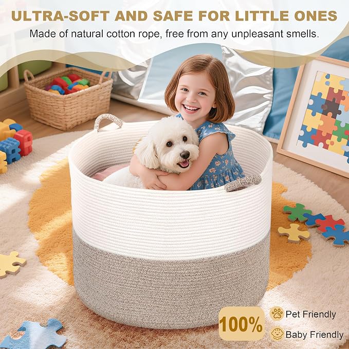 XXXXL 125L Extra Large Blanket Basket, 24.8" x 16" Jumbo Woven Basket (Includes 2 Cute Baskets), Cotton Rope Basket with Handle for Living Room, Baby Toys Nursery, Laundry (White/Light Grey)