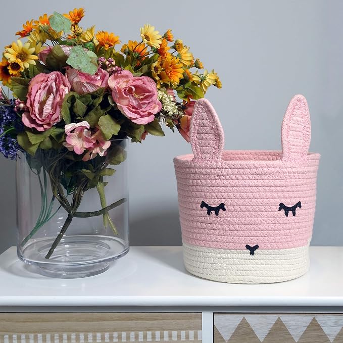 T&T Homewares Small Cute Pink Bunny Toy & Laundry Basket for Nursery Storage, Woodland Nursery Decor