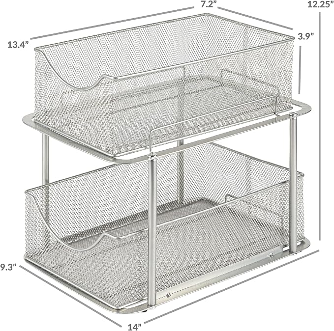 Sorbus Pull-Out Under Sink Organizer, Mesh Construction (Silver, 1 Pack) | Two-tier metal organization with strong steel and sliding drawers for bathrooms, kitchens, cabinets, closets and pantries.