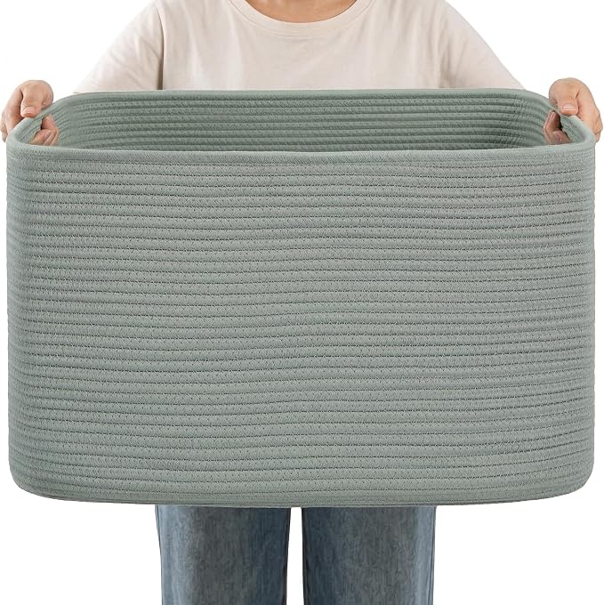 Large Laundry Basket/Hamper, 25"x16"x16" Green Rectangle Basket | Toy Storage Basket, Baby Blanket Basket, With Handle, Shelf Basket, Living Room Organizing