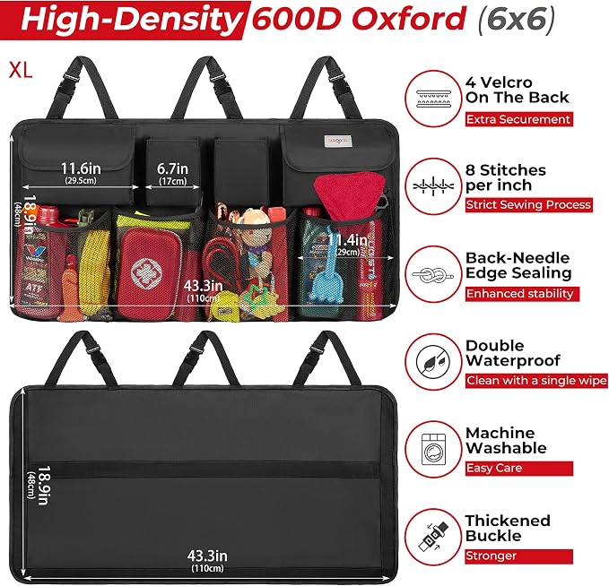 SURDOCA Car Trunk Organizer, LARGE CAPACITY(43 x 19 in) Car Storage Bag with 8 Pockets, 7X Upgraded Trunk Storage Organizer for Car, SUV, Truck, MPV