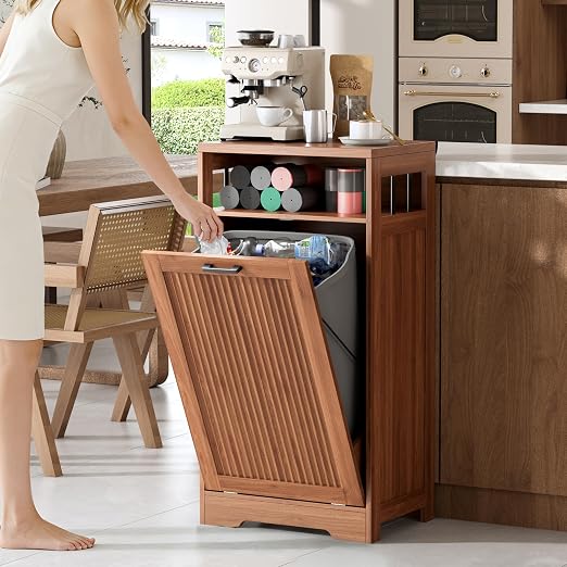 Pet-Proof Single 13 Gallon Tilt Out Trash Can Cabinet with Open Storage – Hide Garbage & Recycling Bins to Keep Your Kitchen Clean and Organized,Walnut