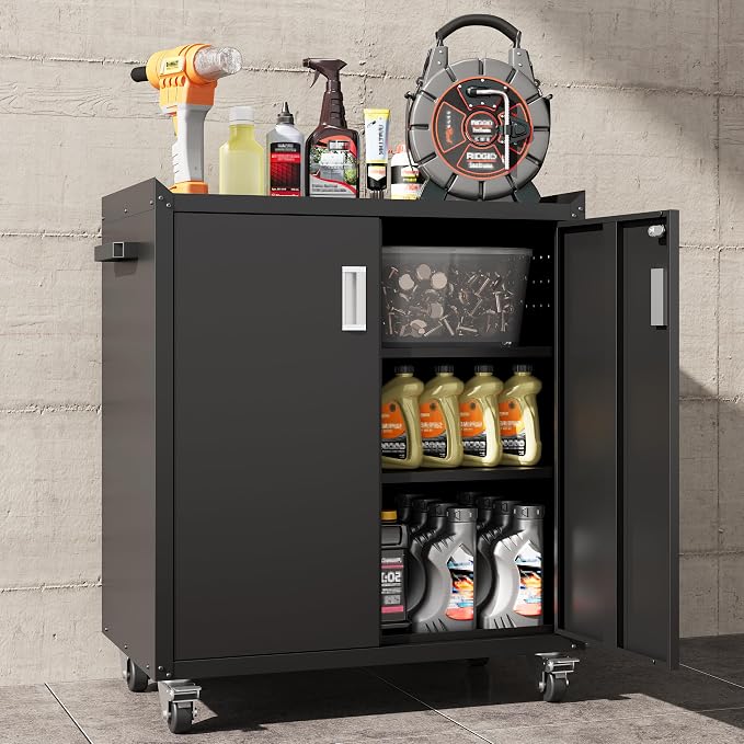 COFaR Heavy-Duty Rolling Storage Cabinet, 2-Door Metal Garage Cabinet with 2 Adjustable Shelves, Lockable Wheels & Locking Doors, 35"H Large Capacity Tool Chest for Workshop, Garage, Warehouse - Black
