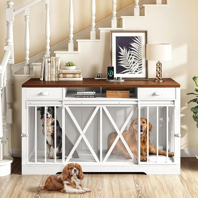 YITAHOME 63" Double Dog Crate TV Stand with Charging Station for 2 Dogs | Heavy Duty Wooden Dog Crate, Dog Kennel Indoor Furniture Double Sliding Barn Door Design Ideal for 2 Dogs, White