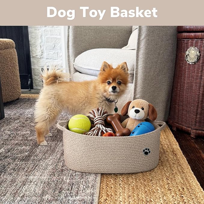 30L Large Woven Rope Dog Toy Basket with Paw Print, Brown | 19.7" x 11" x 7.9" Dog Toy Bin & Box with Handles, Storage Basket for Blankets Towels, Fits Living Room Nursery Bedroom