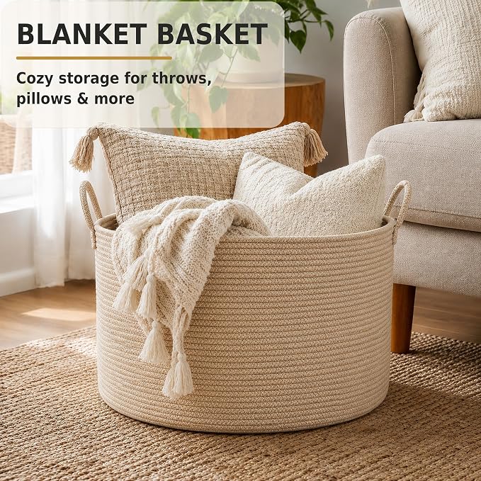 XUANGUO 66L Large Blanket Basket, Round Cotton Rope Basket, Oatmeal | 20" x 13" Laundry Basket with Sturdy Handles for Blankets, Pillows and Toys; Storage for Living Room, Bedroom and Nursery