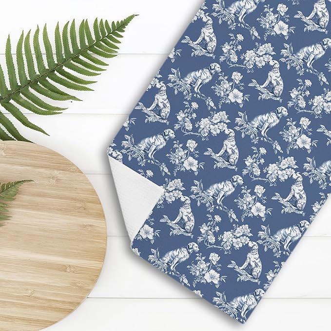 Nipi Blue Chinoiserie Golden Retriever Kitchen Towels, Blue and White Floral Golden Retriever Decorative Dish Tea Towels, Grandmillennial Botanical Dog Hand Towels for Kitchen Bathroom, 16x24 Inch
