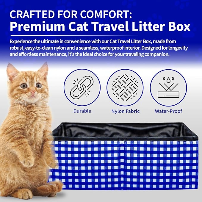 Pet Fit For Life Vibrant Collapsible Travel Cat Litter Box 16"x12"x5" Blue | Portable, Foldable Pop-Up Litter Box with Bonus Water Bowl. Compact Design Folds Flat for Travel, Camping and Home Use