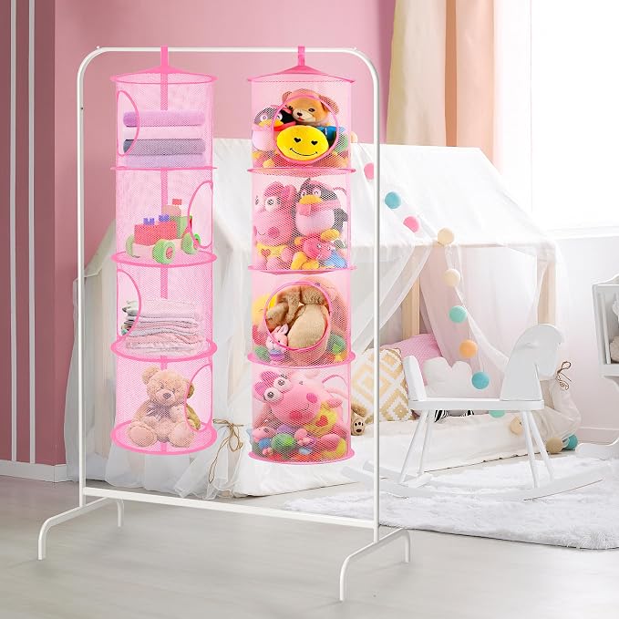 2Pcs Hanging Stuffed Animal Storage Hammock Net 4 Tiers, Pink | Hanging Mesh Storage Organizer for Kids Room, Holds Plushies, Gloves, Hats, Socks, Foldable Space-saving Design