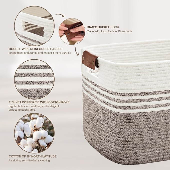 60L Woven Laundry Basket Hamper with Leather Handles,Dark Brown | collapsible wicker hamper, storage for dirty clothes, toys, blankets, gifts, living room, bedroom, bathroom, 21"x15"x11"