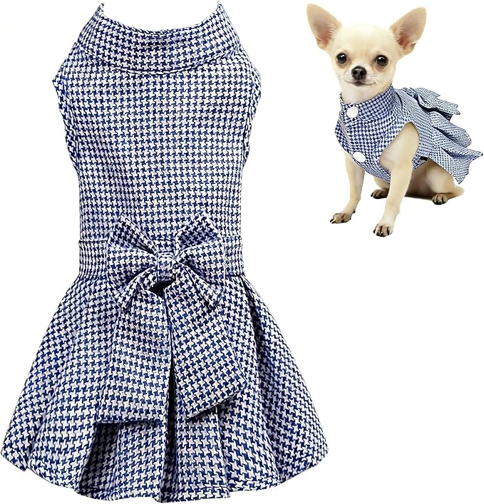 Classic Plaid Dog Dress with Bow Tie for Small Dogs Cats Girls, Cute Puppy Dresses Clothes with Bowknot Chihuahua French Bulldog Pet Apparel Outfits (Blueberry Blue, Large)