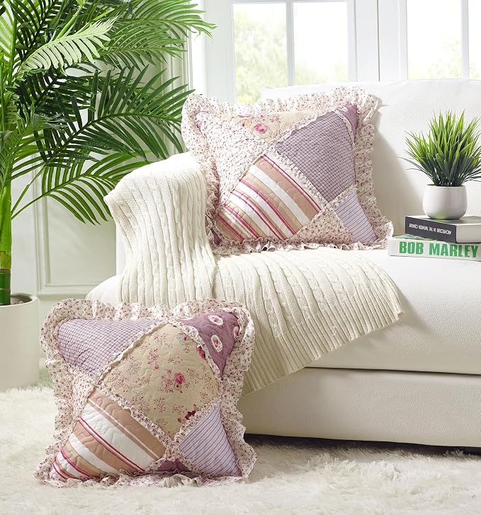 Brilliant Sunshine Pink Rosette & Stripes Ruffle Pillowshams Set, 18"x18" | Patchwork Design with Ruffles, Quilted Pillow Covers, Washable Throw Cushion Cases for Couchs and Beds, Pack of 2