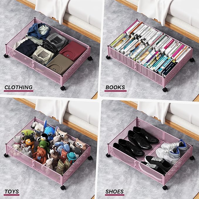 Under Bed Storage Container with Wheels,Patterned,Metal,2 Pack,Pink | Tool-free assembly, glide smoothly, easy reach, foldable, maxmazie low-profile beds, dorm, keep seasonal clothes, shoes fresh