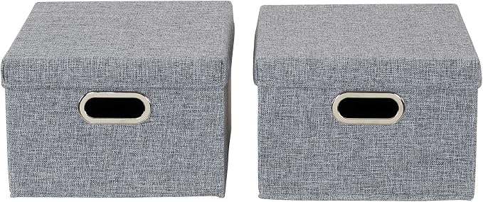 Household Essentials Storage Bin Set with Lids with Textured Linen Look Fabric, Chromed Grommet Handles, Gray Finish, Set of 2