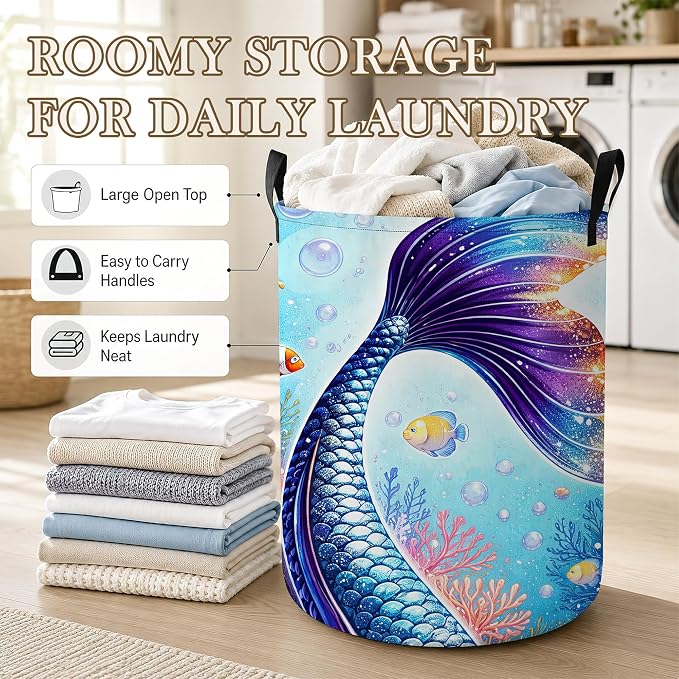 Laundry Hamper, Mermaid Tail Collapsible Ocean Coral Laundry Baskets Waterproof Oxford Cloth With Handles, Clothes Storage Bucket For Bathroom/Bedroom 16" x 20.8"