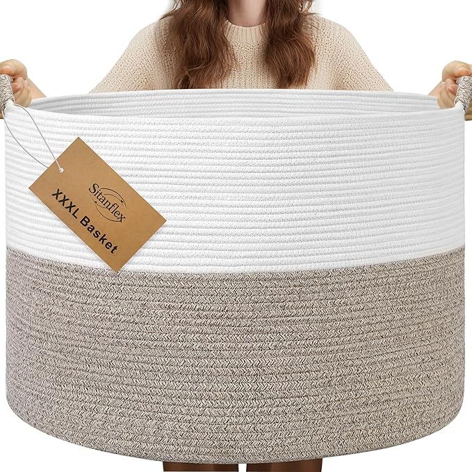 XXXL Large Blanket Basket for Living Room, 21.7" x 13.8" Woven Cotton Rope Laundry Hamper for Pillows, Towels & Toy Storage - Decorative Round Storage Basket with Handles for Nursery, Baby & Dog Toys